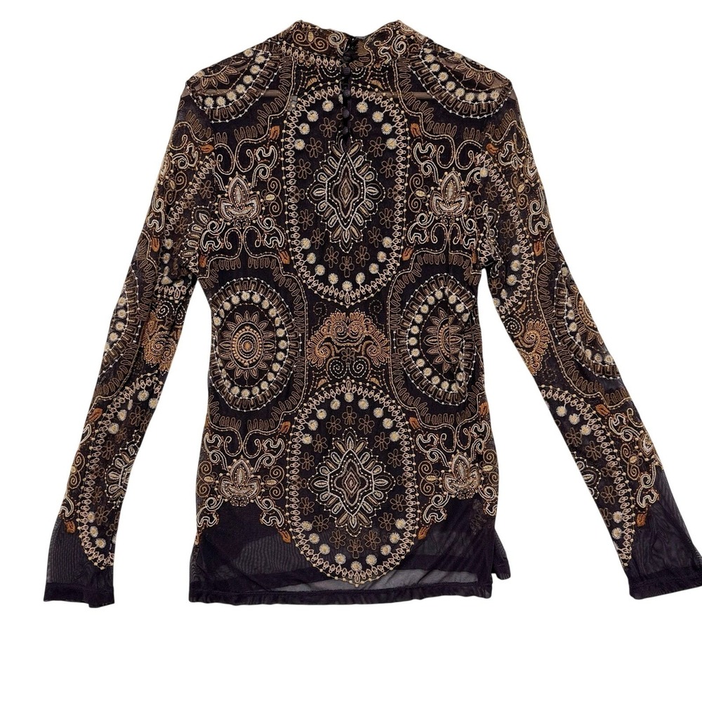 Johnny Was Jade M Loving Is Easy Mesh Embroidered Tee Top Brown High Neck - Picture 7 of 9
